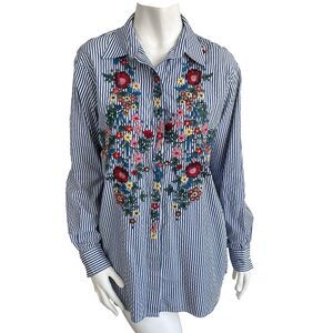 Zara Woman M Floral Embroidered Striped Button Down Shirt Boho Resort Preppy